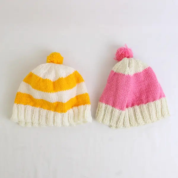 Lot of 2 Women's Handmade Yellow and Pink Striped Knit Pom Beanie Caps
