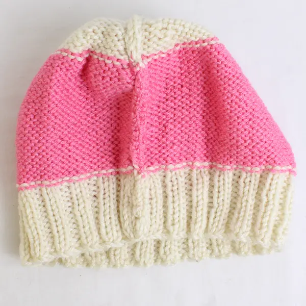 Lot of 2 Women's Handmade Yellow and Pink Striped Knit Pom Beanie Caps