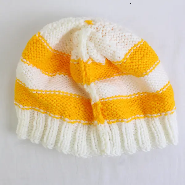 Lot of 2 Women's Handmade Yellow and Pink Striped Knit Pom Beanie Caps