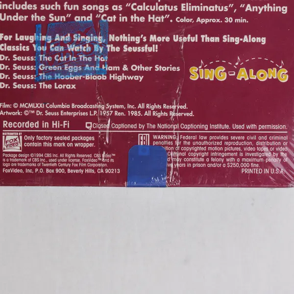 Dr. Seuss The Cat in The Hat Animated Sing-Along Classics VHS Tape, 1985 Sealed