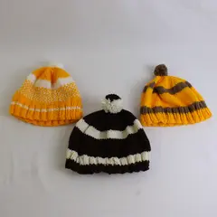 Lot of 3 Women's Handmade Brown and Yellow Striped Knit Pom Beanie Caps