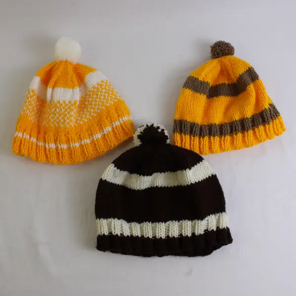 Lot of 3 Women's Handmade Brown and Yellow Striped Knit Pom Beanie Caps