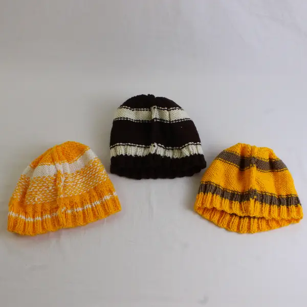 Lot of 3 Women's Handmade Brown and Yellow Striped Knit Pom Beanie Caps