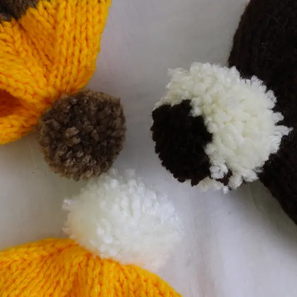 Lot of 3 Women's Handmade Brown and Yellow Striped Knit Pom Beanie Caps