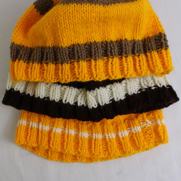 Lot of 3 Women's Handmade Brown and Yellow Striped Knit Pom Beanie Caps