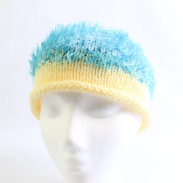 Women's Handmade White Blue and Pastel Yellow Fuzzy Knit Beanie Cap