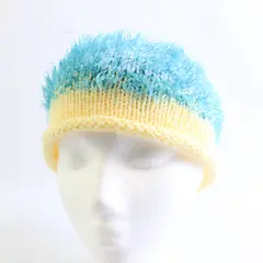 Women's Handmade White Blue and Pastel Yellow Fuzzy Knit Beanie Cap