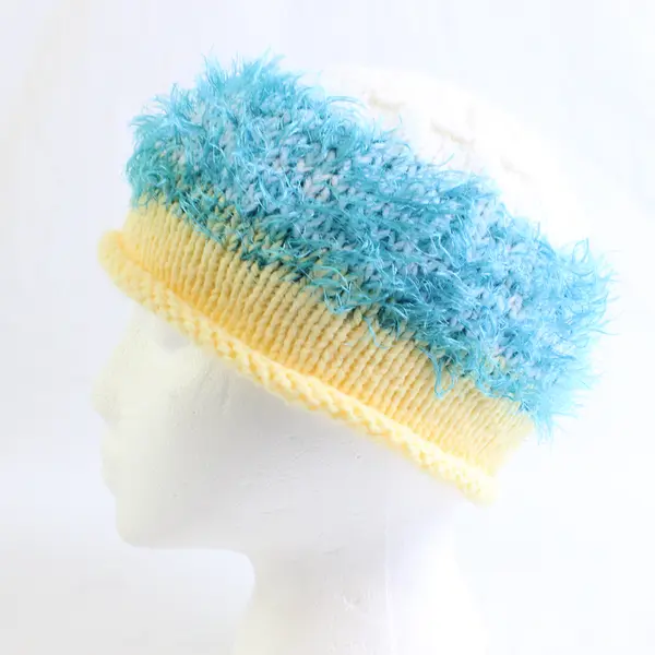 Women's Handmade White Blue and Pastel Yellow Fuzzy Knit Beanie Cap