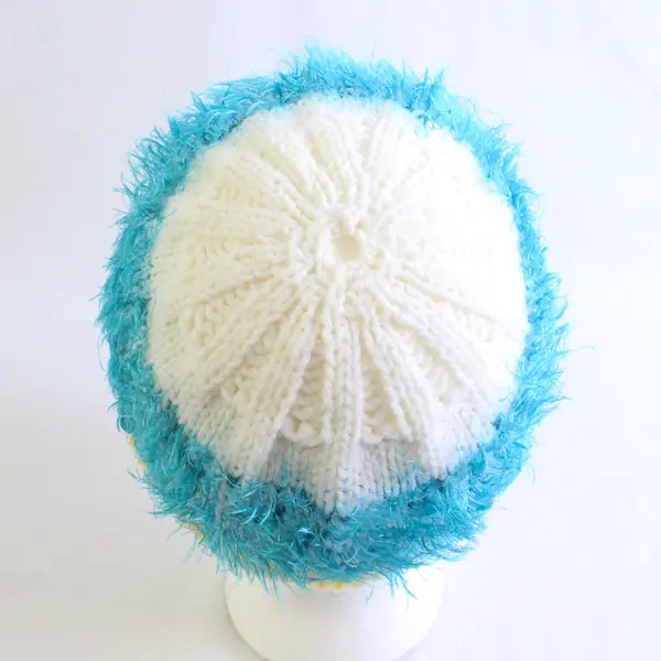 Women's Handmade White Blue and Pastel Yellow Fuzzy Knit Beanie Cap