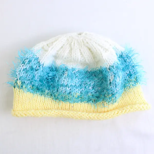 Women's Handmade White Blue and Pastel Yellow Fuzzy Knit Beanie Cap
