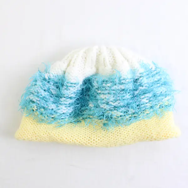 Women's Handmade White Blue and Pastel Yellow Fuzzy Knit Beanie Cap