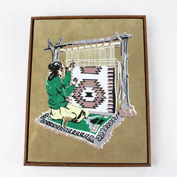 Vintage Navajo Sand-Style Loom Weaving Framed Art 14.5x11.75 Southwest