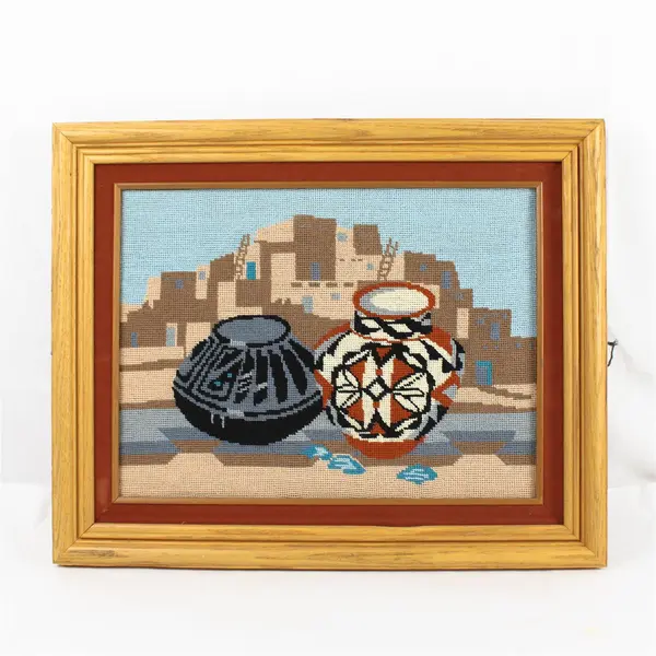 Vintage Framed Southwestern Pottery Scene Needlepoint in Wood Frame 16.5x20.5