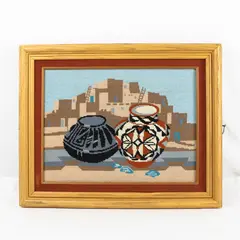 Vintage Framed Southwestern Pottery Scene Needlepoint in Wood Frame 16.5x20.5