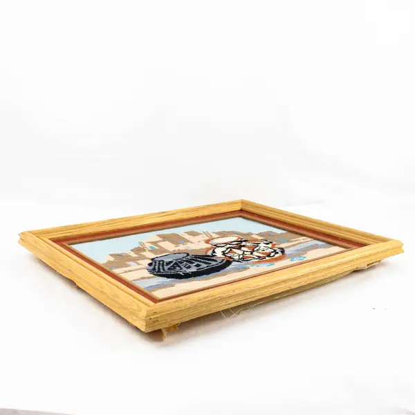 Vintage Framed Southwestern Pottery Scene Needlepoint in Wood Frame 16.5x20.5