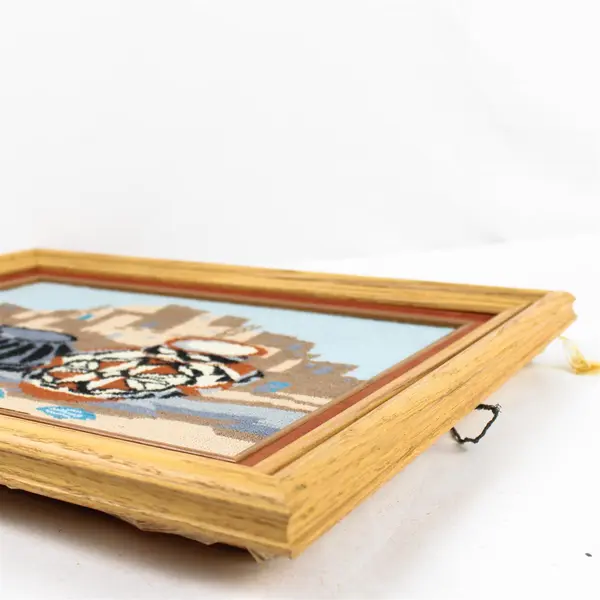 Vintage Framed Southwestern Pottery Scene Needlepoint in Wood Frame 16.5x20.5