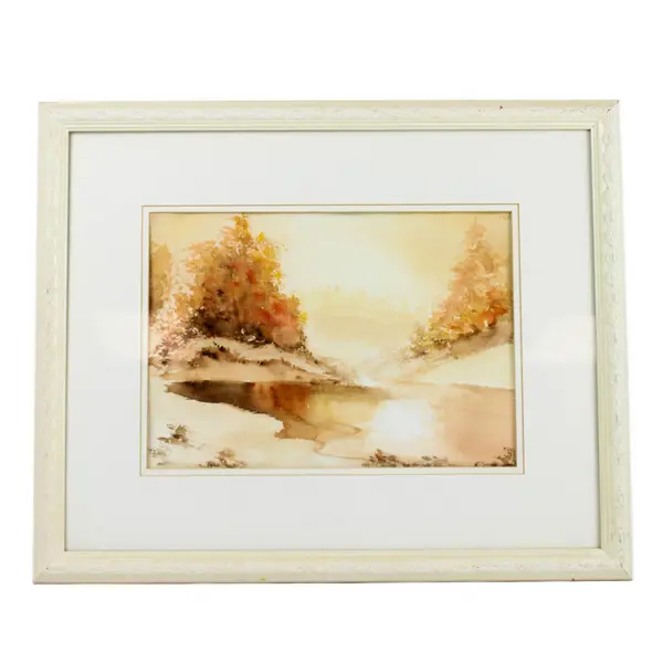 Original Framed Watercolor Pond Scene on Paper 18x22 Ready to Hang