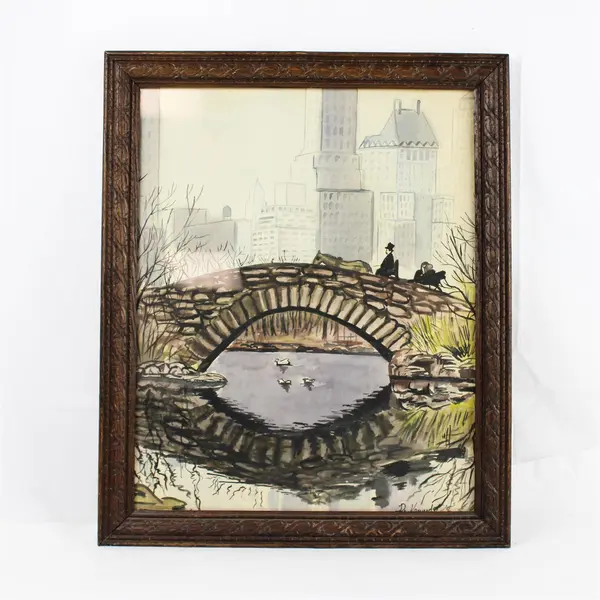 Framed Watercolor Original Bridge Scene by D. Kennedy 