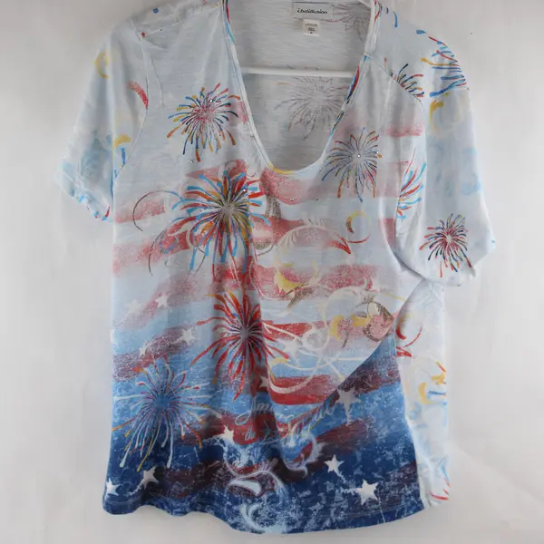 I.D.Diffusion Blue/White/Red Fireworks Pattern Short Sleeve T-Shirt Women's XL
