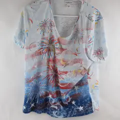 I.D.Diffusion Blue/White/Red Fireworks Pattern Short Sleeve T-Shirt Women's XL