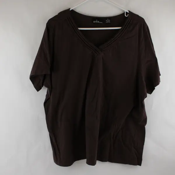 Erika Solid Brown Color Short Sleeve T-Shirt V-Neck 100% Cotton Women's Size 1X