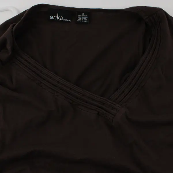 Erika Solid Brown Color Short Sleeve T-Shirt V-Neck 100% Cotton Women's Size 1X