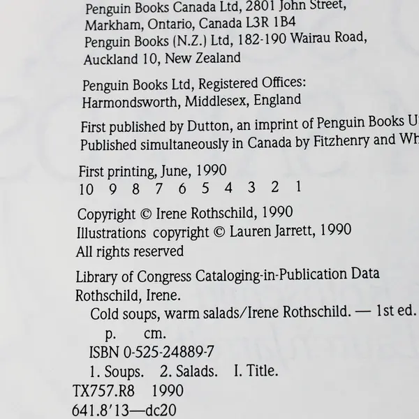 Vintage Cold Soups Warm Salads by Irene Rothschild Hardcover 1990 Cookbook