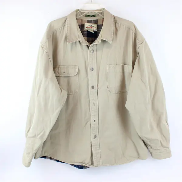 Eddie Bauer Beige Plaid Long Sleeve Elkhorn Shirt Jacket 100% Cotton Men's XXL