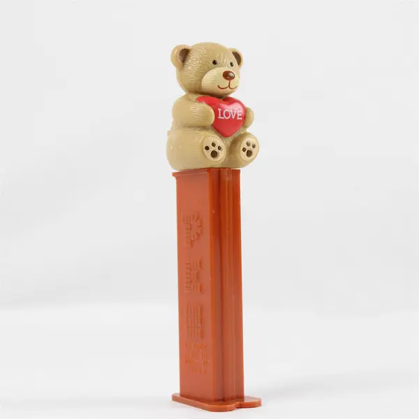 PEZ Teddy Bear Dispenser Brown with Red LOVE Heart Brown Base with Feet