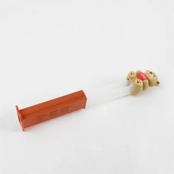 PEZ Teddy Bear Dispenser Brown with Red LOVE Heart Brown Base with Feet