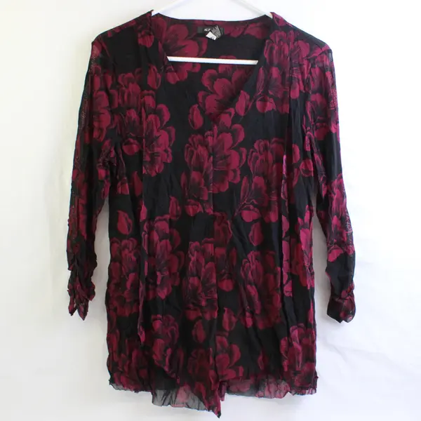 Alfani Black and Burgundy Floral 3/4-Sleeve Mesh Blouse Women's Size Large