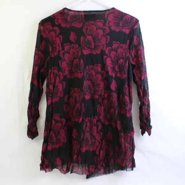 Alfani Black and Burgundy Floral 3/4-Sleeve Mesh Blouse Women's Size Large