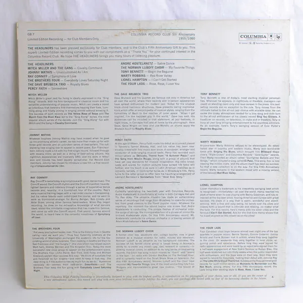 The Headliners Columbia Record Club 5th Anniversary Vinyl Record