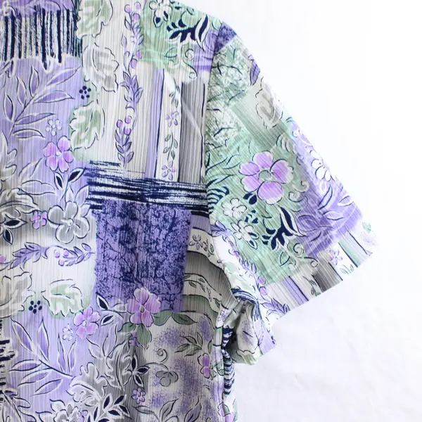 Alia Purple Green and Gray Floral Print Short-Sleeved Blouse Women's Medium