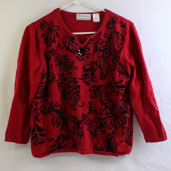 Alfred Dunner Red and Black Floral 3/4-Sleeve Beaded Knit Top Women's PXL