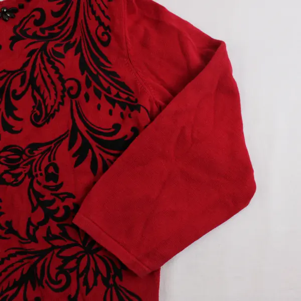 Alfred Dunner Red and Black Floral 3/4-Sleeve Beaded Knit Top Women's PXL
