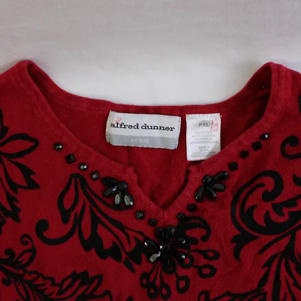 Alfred Dunner Red and Black Floral 3/4-Sleeve Beaded Knit Top Women's PXL