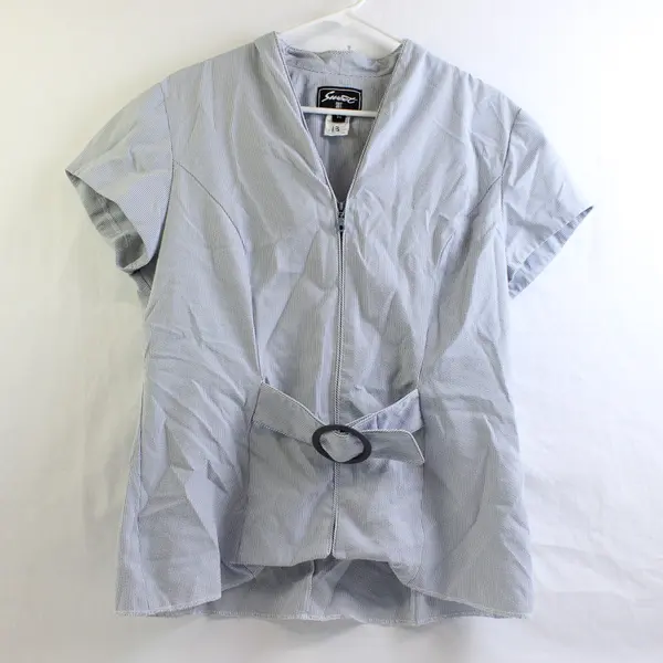 Sweet Suit Blue and White Pinstripe Short-Sleeved Zip-Up Top Women's 14