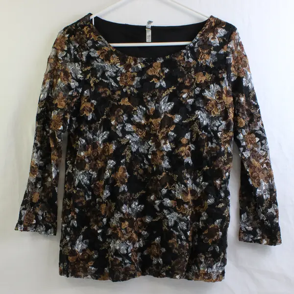 Brown Gray and Black Floral Print 3/4-Sleeve Mesh Top Women's Medium