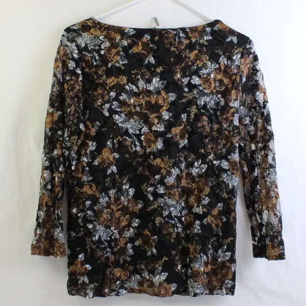 Brown Gray and Black Floral Print 3/4-Sleeve Mesh Top Women's Medium
