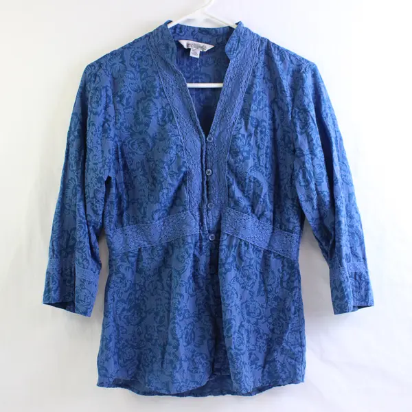 Great Northwest Blue Floral 3/4-Sleeve Button-Up Blouse Women's Small