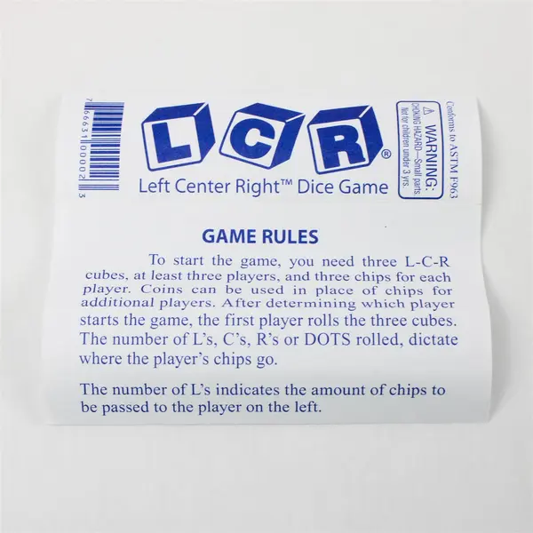 LCR (Left Center Right) Dice Game w/ Case, Chips, Dice & Instructions