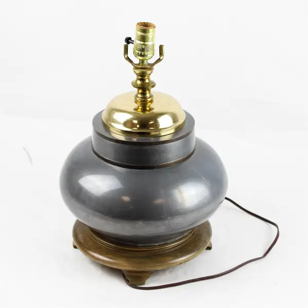 Vintage Wood Base Chrome and Brass Ginger Jar / Urn Table Lamp