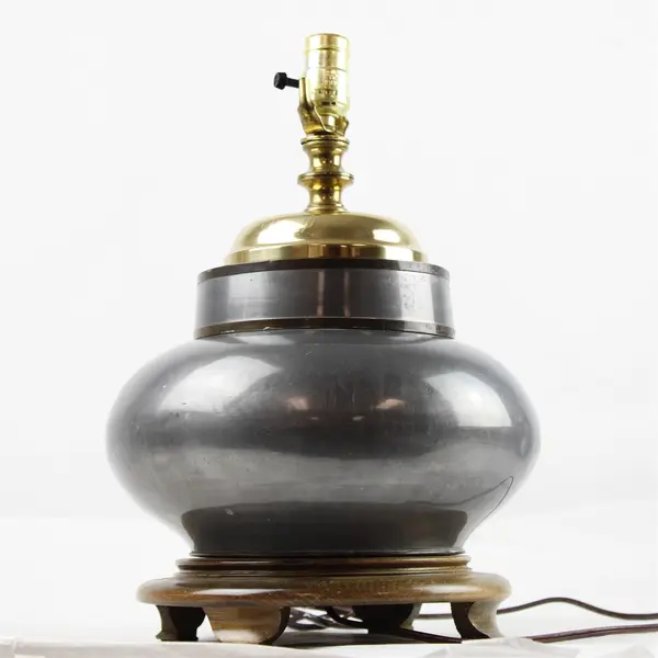 Vintage Wood Base Chrome and Brass Ginger Jar / Urn Table Lamp