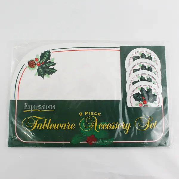 Vintage 8 Piece  Expressions PVC Christmas Placemat And Coaster Set Holly Sprigs