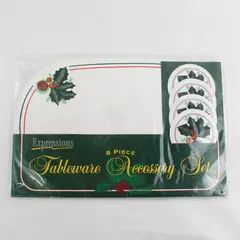 Vintage 8 Piece  Expressions PVC Christmas Placemat And Coaster Set Holly Sprigs