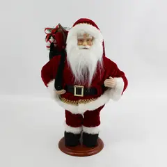 12 Inch Santa Figurine In a Red Velvet Suit With A Green Velvet Bag of Gifts