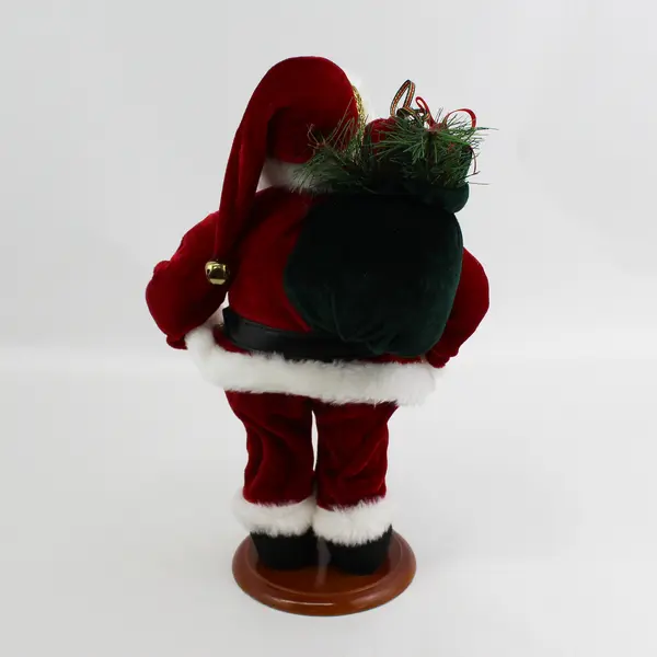 12 Inch Santa Figurine In a Red Velvet Suit With A Green Velvet Bag of Gifts