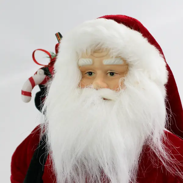12 Inch Santa Figurine In a Red Velvet Suit With A Green Velvet Bag of Gifts