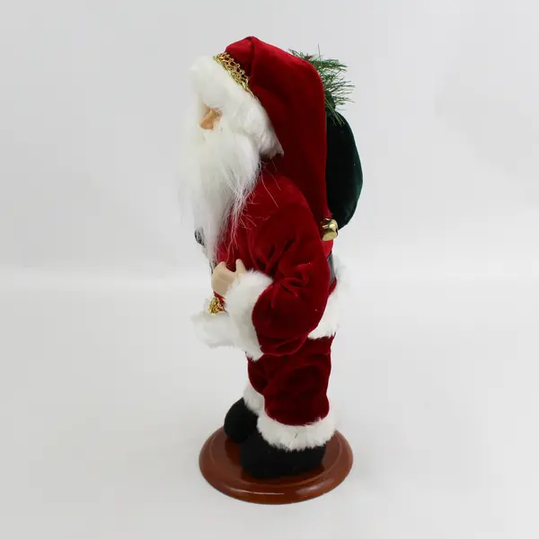 12 Inch Santa Figurine In a Red Velvet Suit With A Green Velvet Bag of Gifts